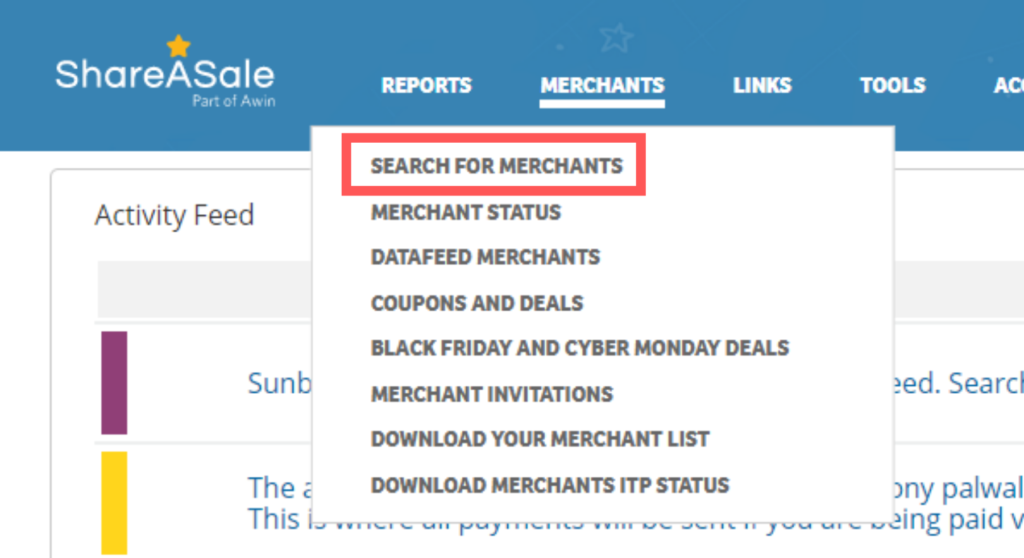 search for merchants shareasale